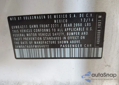 2015 Volkswagen Golf Tdi S 4-Door z USA, uszkodzony, nr VIN 3VWRA7AU5FM054072